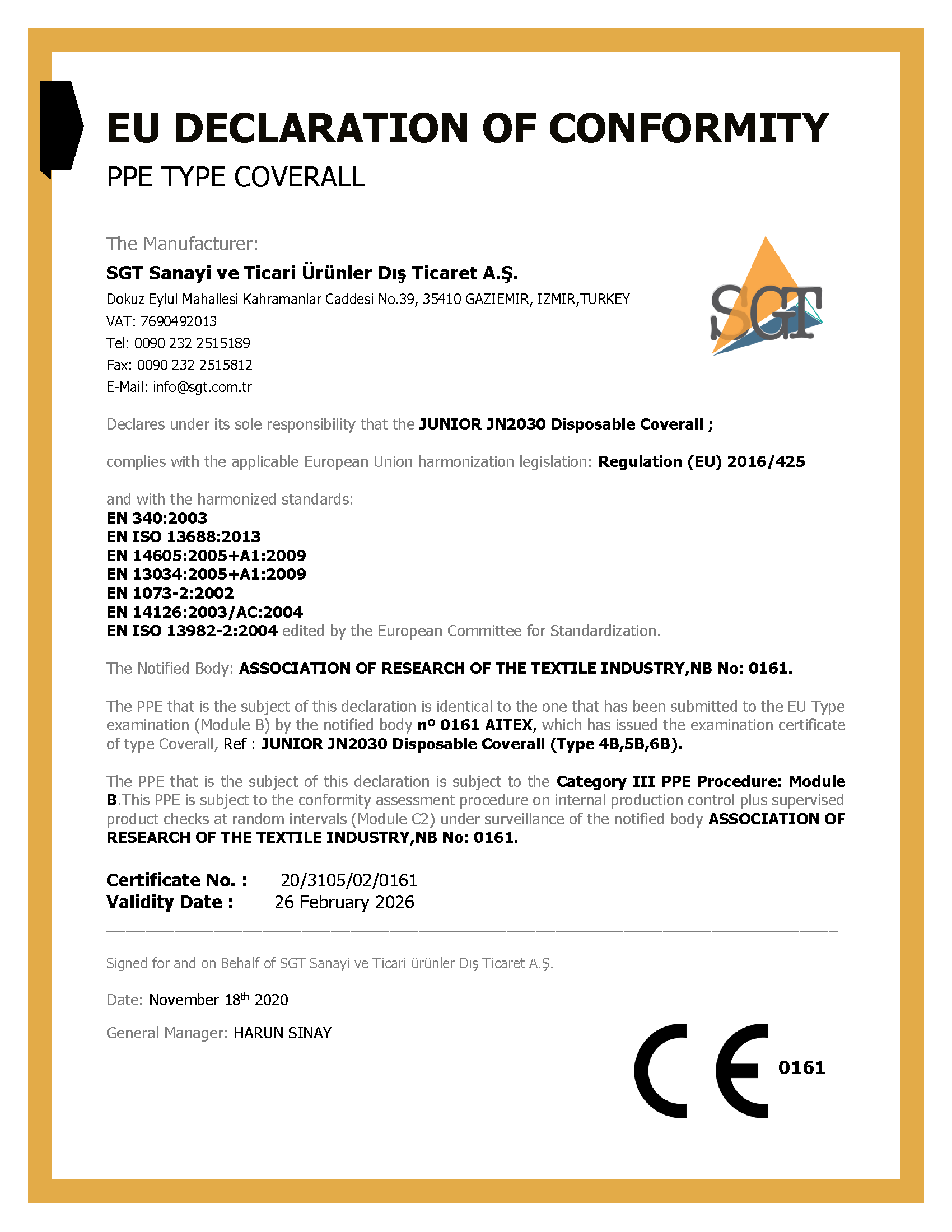 EU Declaration of Conformity - SGT A.Ş.