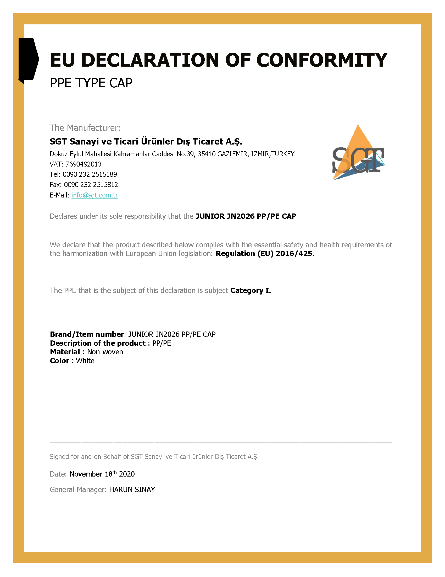 EU Declaration of Conformity - SGT A.Ş.