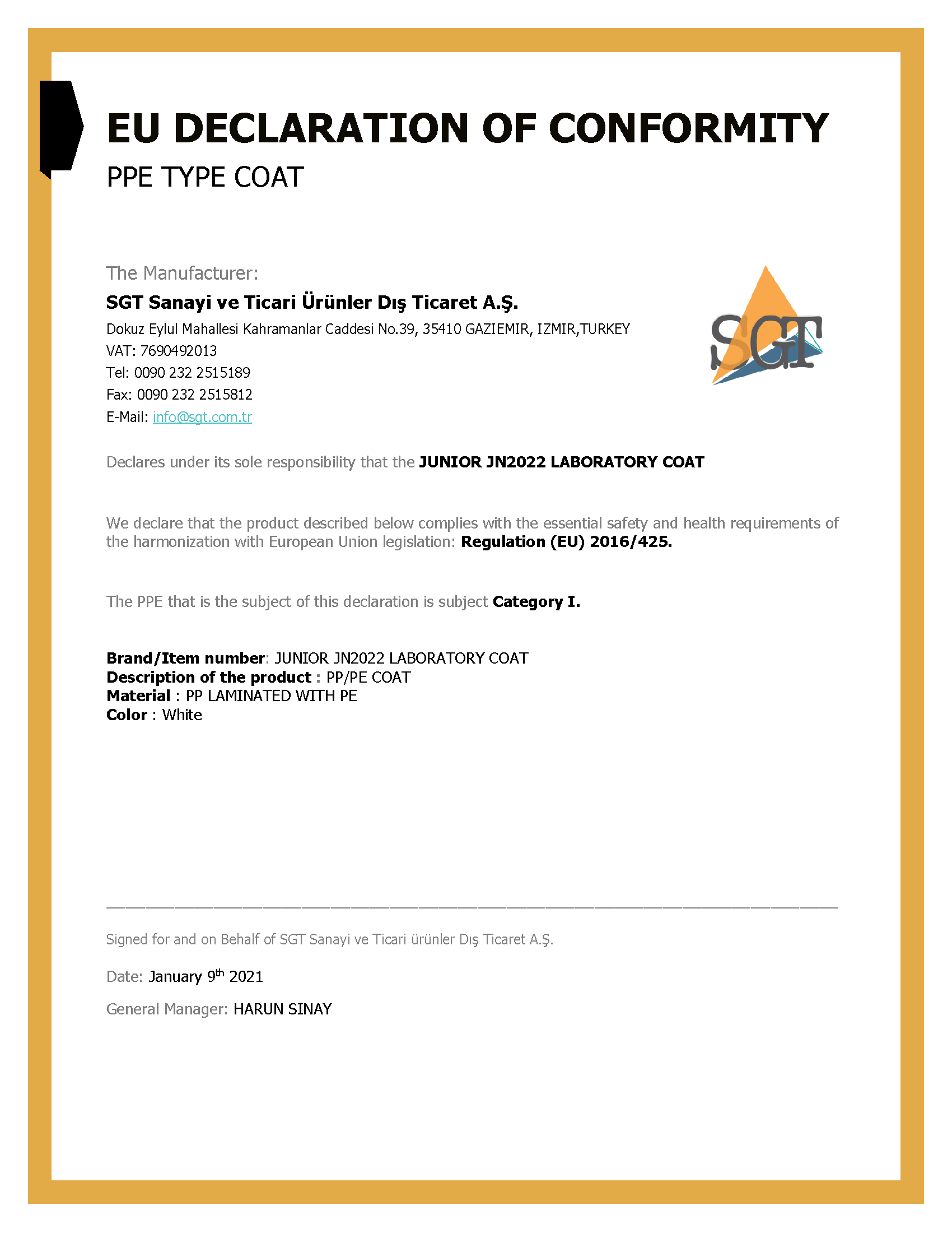 EU Declaration of Conformity - SGT A.Ş.