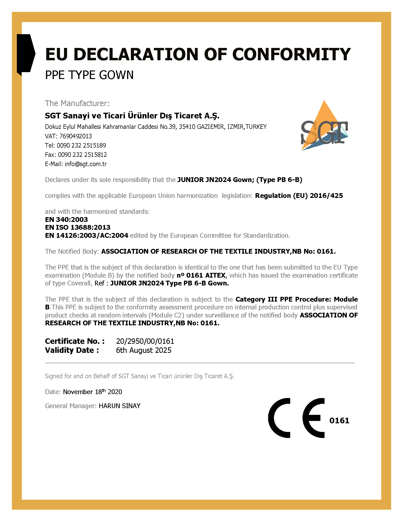 EU Declaration of Conformity - SGT A.Ş.
