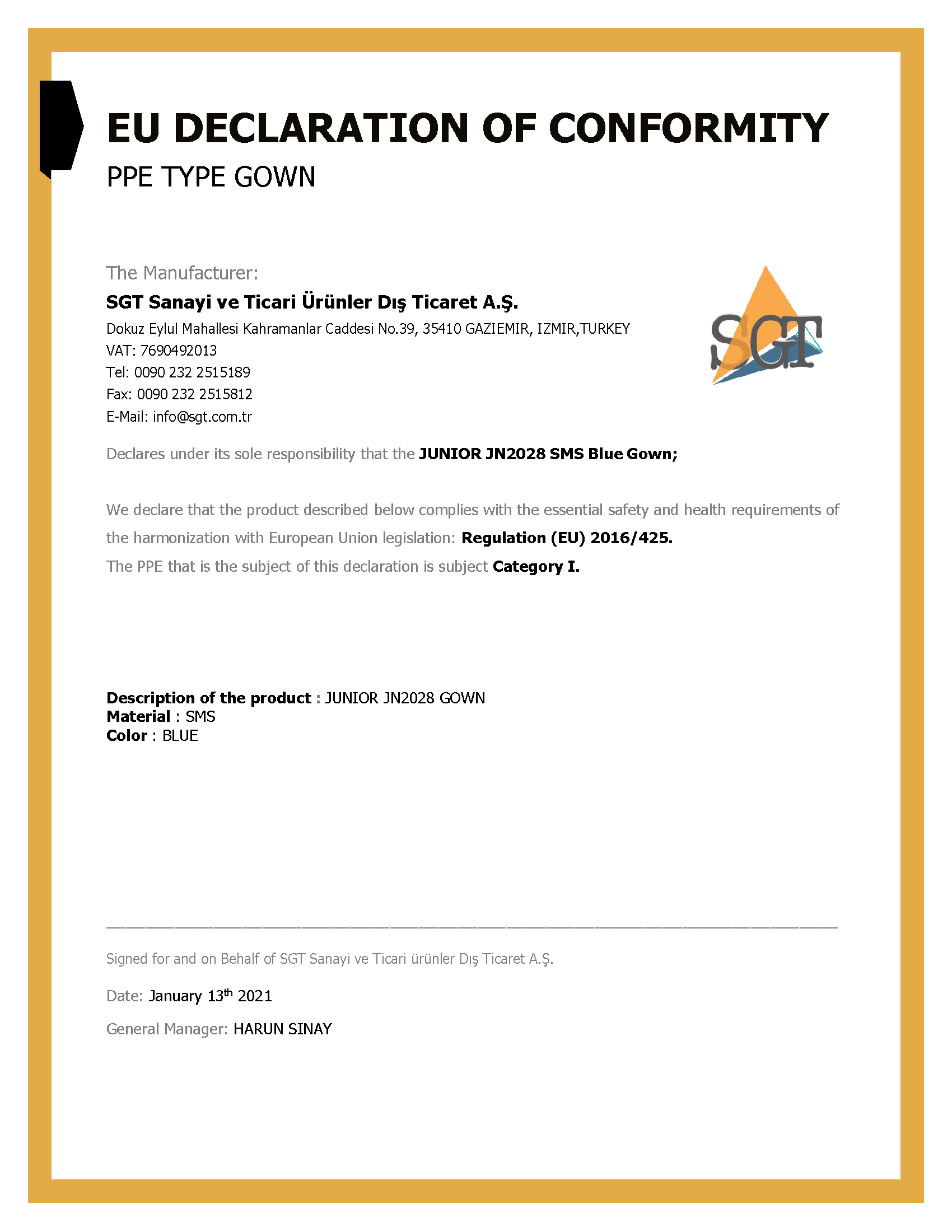 EU Declaration of Conformity - SGT A.Ş.