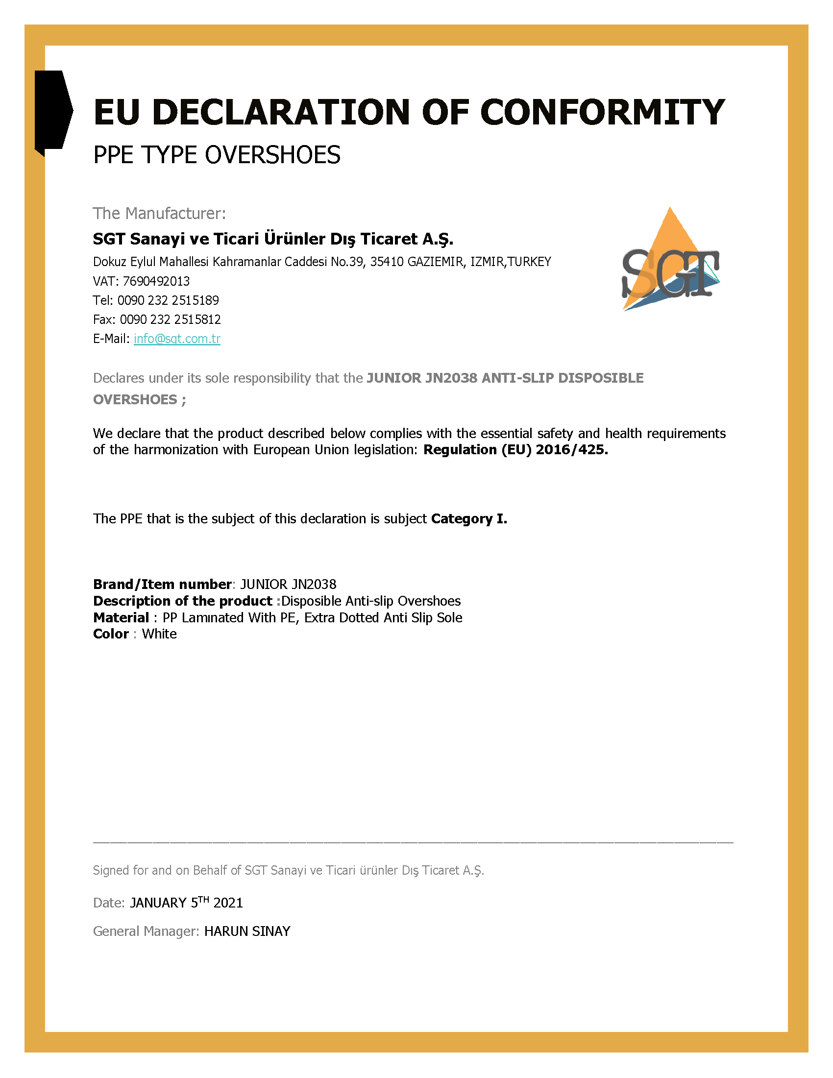 EU Declaration of Conformity - SGT A.Ş.